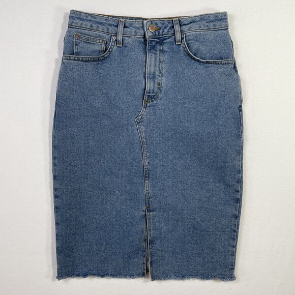 Denim Co Est 1969 Midi Jean Skirt Size 8 Light Wash Distressed Hem Front Slit - Picture 1 of 9